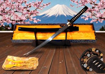 Golden Flower Wakizashi mit 12-mal gefalteter Damast-Klinge Feng Lin Handgeschmiedetes Samurai Schwert