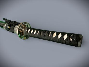 Snake Wakizashi mit 12-mal gefalteter Damaststahl Klinge, Saja mit Schlangenhaut