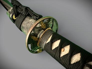 Snake Wakizashi mit 12-mal gefalteter Damaststahl Klinge, Saja mit Schlangenhaut