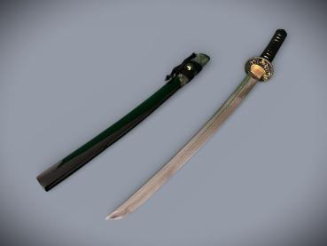 Snake Wakizashi mit 12-mal gefalteter Damaststahl Klinge, Saja mit Schlangenhaut