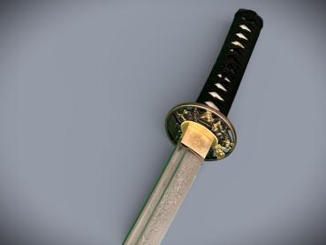 Snake Wakizashi mit 12-mal gefalteter Damaststahl Klinge, Saja mit Schlangenhaut