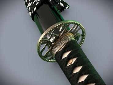 Bamboo Katana mit 12-mal gefalteter Damast Klinge Handgeschmiedetes Samurai Schwert von Feng Lin