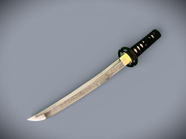 Musashiichi Tanto mit 12-mal gefalteter Damast Klinge Feng Lin Handgeschmiedetes Samurai Schwert