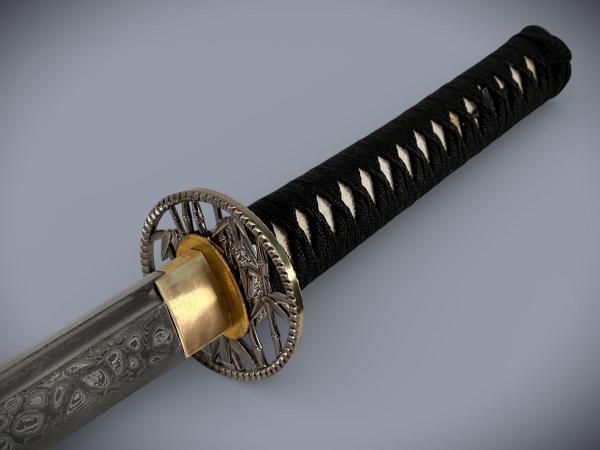 Bamboo Katana mit 12-mal gefalteter Damast Klinge Handgeschmiedetes Samurai Schwert von Feng Lin