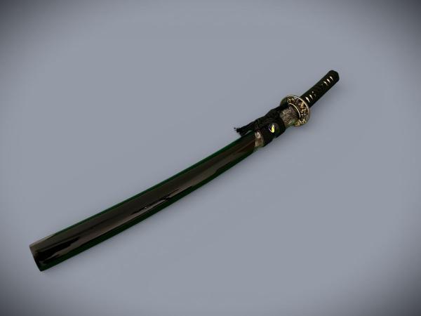 Snake Wakizashi mit 12-mal gefalteter Damaststahl Klinge, Saja mit Schlangenhaut