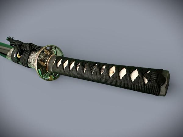 Snake Wakizashi mit 12-mal gefalteter Damaststahl Klinge, Saja mit Schlangenhaut