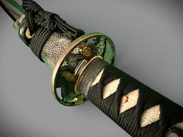 Snake Wakizashi mit 12-mal gefalteter Damaststahl Klinge, Saja mit Schlangenhaut