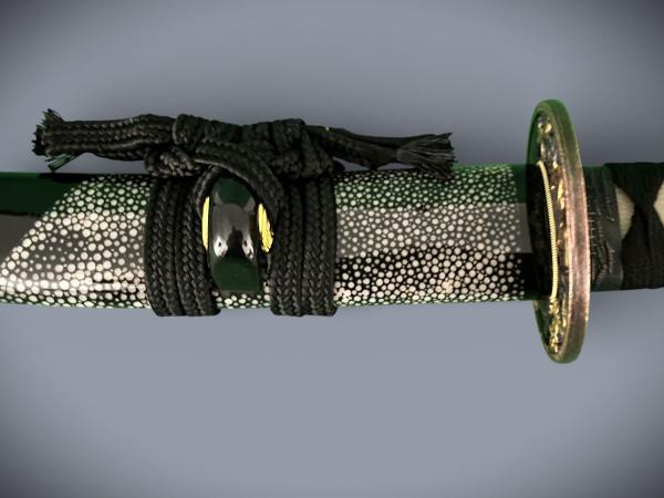 Snake Tanto mit 12-mal gefalteter Damaststahl Klinge, Saja mit Schlangenhaut