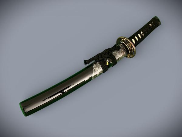 Snake Tanto mit 12-mal gefalteter Damaststahl Klinge, Saja mit Schlangenhaut