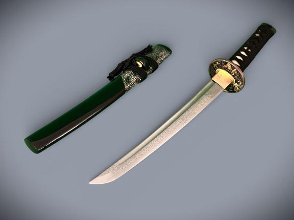 Snake Tanto mit 12-mal gefalteter Damaststahl Klinge, Saja mit Schlangenhaut