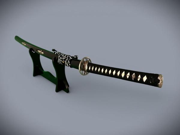 Bamboo Katana mit 12-mal gefalteter Damast Klinge Handgeschmiedetes Samurai Schwert von Feng Lin