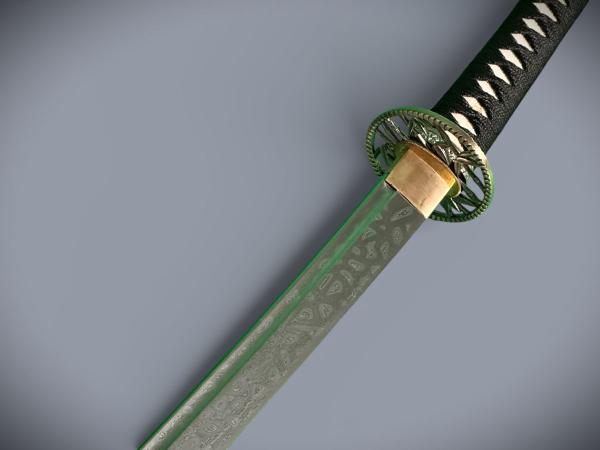 Bamboo Katana mit 12-mal gefalteter Damast Klinge Handgeschmiedetes Samurai Schwert von Feng Lin