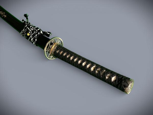 Bamboo Katana mit 12-mal gefalteter Damast Klinge Handgeschmiedetes Samurai Schwert von Feng Lin