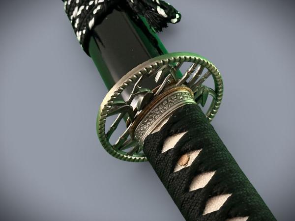 Bamboo Katana mit 12-mal gefalteter Damast Klinge Handgeschmiedetes Samurai Schwert von Feng Lin